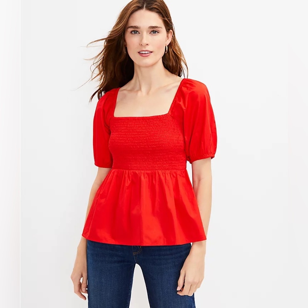 Loft Red Smocked Puff Sleeve Peplum Top
